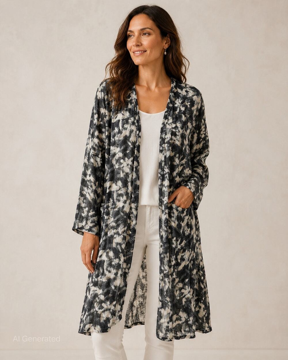 Soft Surroundings Women Black White Floral 100% Linen Open Front Duster Cardigan